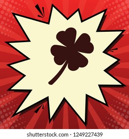 Leaf clover sign. Vector. Dark red icon in lemon chiffon shutter bubble at red popart background with rays.
