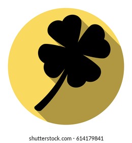 Leaf clover sign. Vector. Flat black icon with flat shadow on royal yellow circle with white background. Isolated.