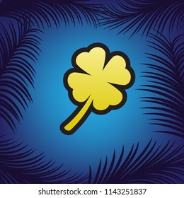 Leaf clover sign. Vector. Golden icon with black contour at blue background with branches of palm trees.