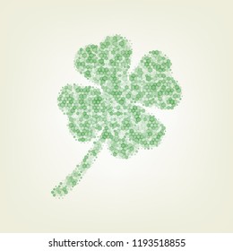 Leaf clover sign. Vector. Green hexagon rastered icon and noised opacity and size at light green background with central light.