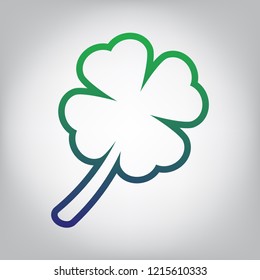 Leaf clover sign. Vector. Green to blue gradient contour icon at grayish background with light in center.