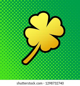 Leaf clover sign. Vector. Pop art orange to yellow dots-gradient icon with black contour at greenish background.