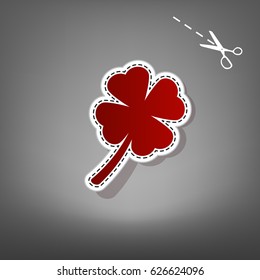 Leaf clover sign. Vector. Red icon with for applique from paper with shadow on gray background with scissors.