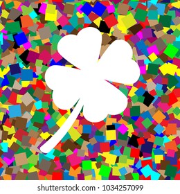 Leaf clover sign. Vector. White icon on colorful background with seamless pattern from squares.