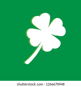 Leaf clover sign. Vector. White flat icon with yellow striped shadow at green background.