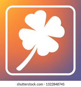 Leaf clover sign. Vector. White icon on transparent button at orange-violet gradient background.