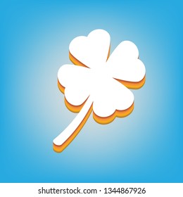 Leaf clover sign. Vector. White icon with 3d warm-colored gradient body at sky blue background.