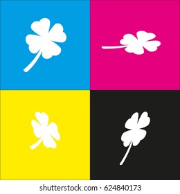 Leaf clover sign. Vector. White icon with isometric projections on cyan, magenta, yellow and black backgrounds.