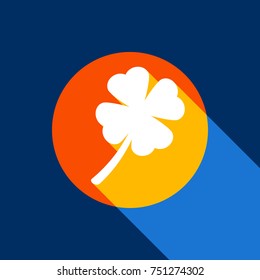 Leaf clover sign. Vector. White icon on tangelo circle with infinite shadow of light at cool black background. Selective yellow and bright navy blue are produced.