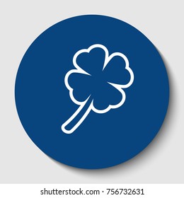 Leaf clover sign. Vector. White contour icon in dark cerulean circle at white background. Isolated.