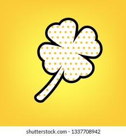 Leaf clover sign. Vector. Yellow polka dot white icon with black contour at warm yellow background.