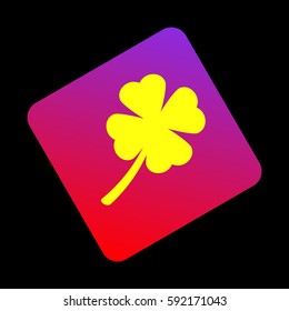 Leaf clover sign. Vector. Yellow icon at violet-red gradient square with rounded corners rotated for dynamics on black background.