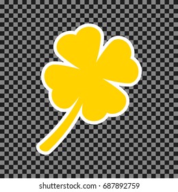 Leaf clover sign. Vector. Yellow icon with white contour on dark transparent background.