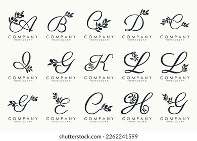 leaf combined with letter logo design and icon set