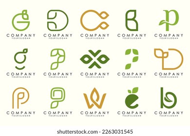 hoja combinada con diseño de logotipo de letra y conjunto de iconos