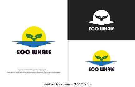 leaf combined with whale tail on sunset, logo design illustration