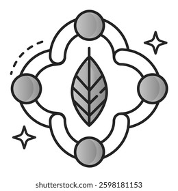 Leaf and connected network representing sustainable partnerships, environmental teamwork, and community-driven green initiatives. Editable Stroke.