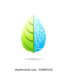 Leaf consisting of biological and artificial parts, concept of biotechnology, 2d vector icon, eps 10