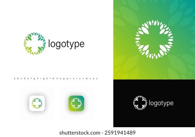 Leaf cross logo symbolizing health, nature, and sustainability. Perfect for eco businesses, medical brands, wellness centers, herbal products. Clean, organic design. Vector logo concept.