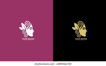 Leaf crown beauty and spa logo. Natural beautiful goddess face icon, graphic vector illustration design