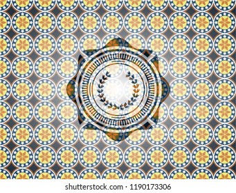 leaf crown icon inside arabic badge. Arabesque decoration.