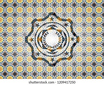 leaf crown icon inside arabic style badge. Arabesque decoration.
