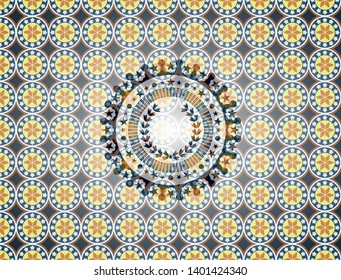 leaf crown icon inside arabic badge background. Arabesque decoration.
