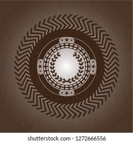 leaf crown icon inside badge with wooden background