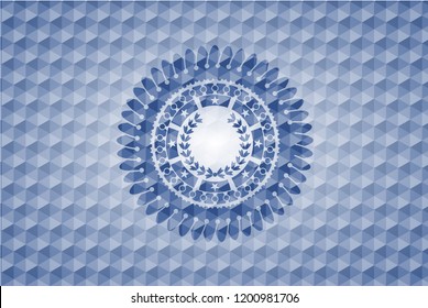 leaf crown icon inside blue emblem or badge with abstract geometric pattern background.