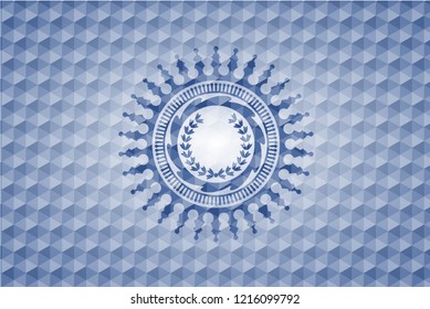 leaf crown icon inside blue emblem or badge with abstract geometric pattern background.