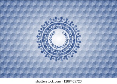 leaf crown icon inside blue emblem or badge with abstract geometric polygonal pattern background.