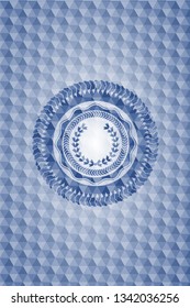 leaf crown icon inside blue emblem with geometric pattern background.
