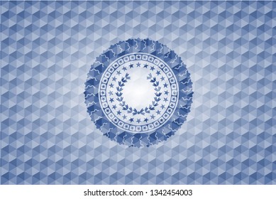 leaf crown icon inside blue emblem or badge with abstract geometric pattern background.