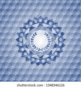 leaf crown icon inside blue emblem or badge with abstract geometric pattern background.