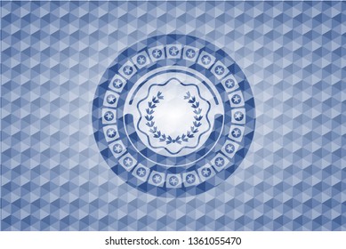 leaf crown icon inside blue emblem or badge with abstract geometric pattern background.
