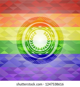 leaf crown icon inside emblem on mosaic background with the colors of the LGBT flag
