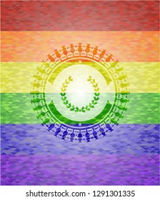 leaf crown icon inside emblem on mosaic background with the colors of the LGBT flag