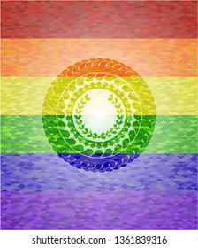 leaf crown icon inside emblem on mosaic background with the colors of the LGBT flag