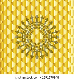 leaf crown icon inside gold badge. Scales pattern. Vector Illustration. Detailed.