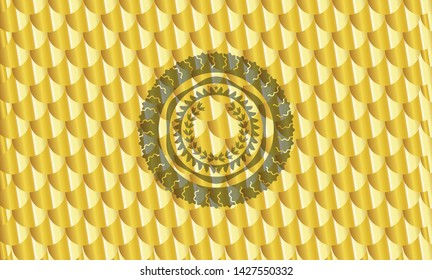 leaf crown icon inside gold badge. Scales pattern. Vector Illustration. Detailed.