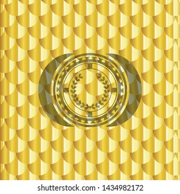 leaf crown icon inside gold badge. Scales pattern. Vector Illustration. Detailed.