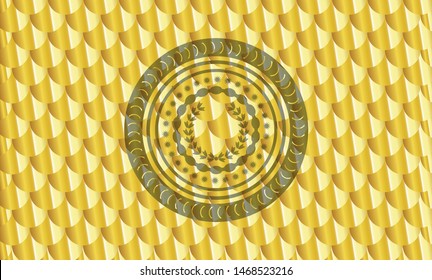leaf crown icon inside gold shiny emblem. Scales pattern. Vector Illustration. Detailed.