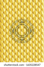 leaf crown icon inside gold badge or emblem. Scales pattern. Vector Illustration. Detailed.