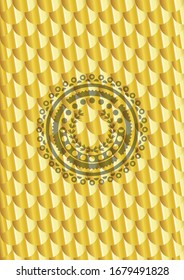 leaf crown icon inside gold shiny emblem. Scales pattern. Vector Illustration. Detailed.