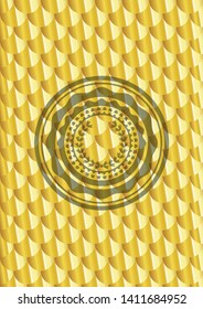 leaf crown icon inside golden badge or emblem. Scales pattern. Vector Illustration. Detailed.
