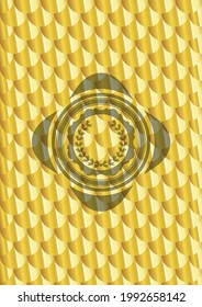 leaf crown icon inside golden emblem or badge. Scales pattern. Vector Illustration. Detailed. 