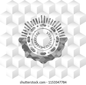 leaf crown icon inside grey badge with geometric cube white background