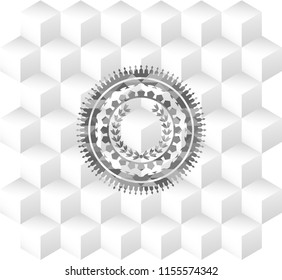 leaf crown icon inside grey badge with geometric cube white background