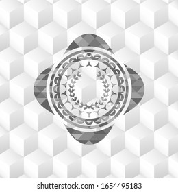 leaf crown icon inside grey badge with geometric cube white background