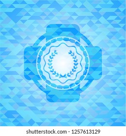 leaf crown icon inside light blue emblem with triangle mosaic background